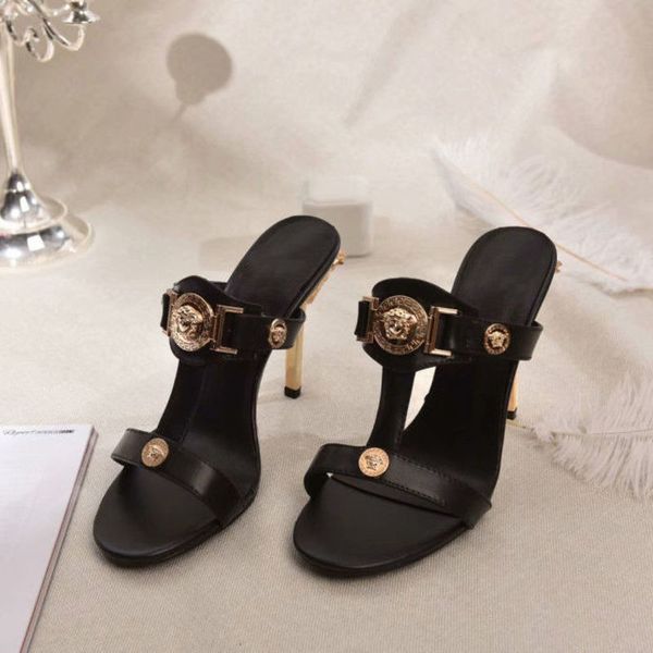 sandals slippers women's high heels summer medusa anti slip external wear temperament comfortable fish mouth leather thin heel sandals, Black